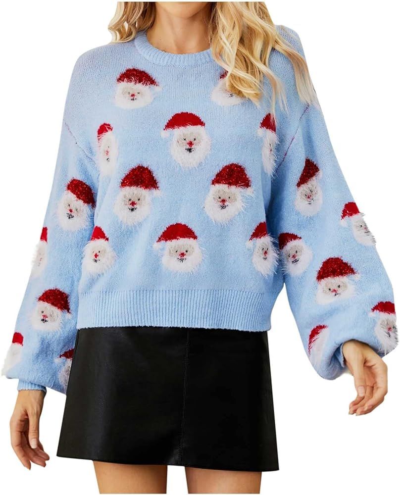 Womens Ugly Christmas Sweater Chunky Knit Crewneck Shirt Loose High Stretchy Long Sleeve Pullover... | Amazon (US)