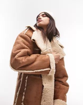 Topshop faux shearling longline coat in tan and cream | ASOS (Global)