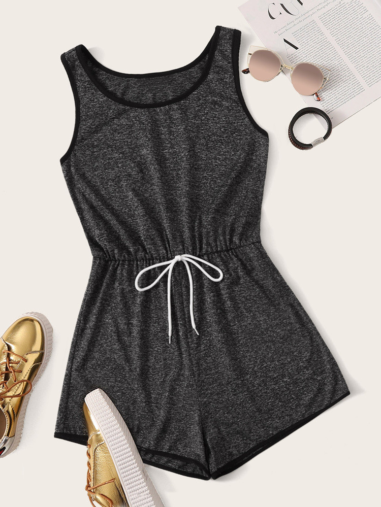 SHEIN Heathered Knit Drawstring Waist Romper | SHEIN