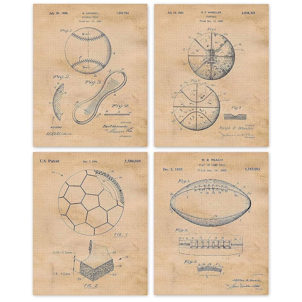 Vintage Baseball Football Soccer Basketball Patent Prints, 4 (8x10) Unframed Photos, Wall Art Dec... | Amazon (US)