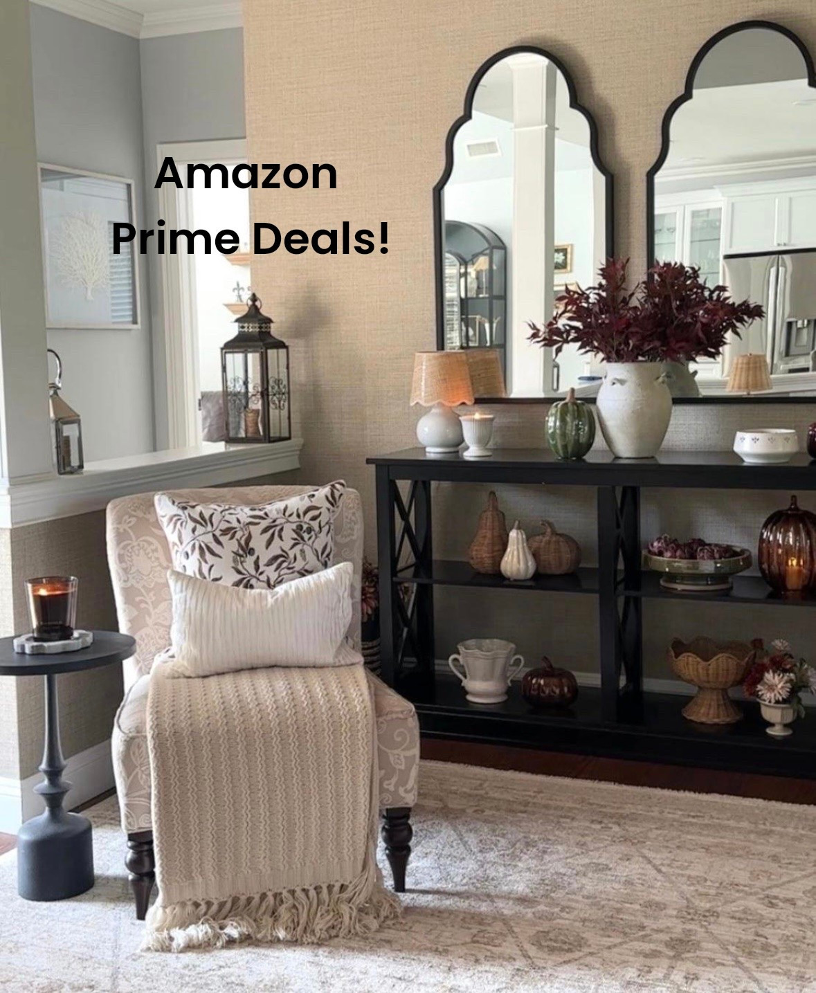 Amazon Prime Deals, area rug, throw pillow, fall stems+ more! Fall entryway styling fall collection at Target, glass pumpkins, candles, fall arrangements. Pretty vases, neutral throw blanket, pillow + more fall home decor accessories. Amazon, McGee & Co, Wayfair.