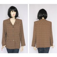 Brown Blazer Short Wool Jacket Plaid Womens Suit Jacket Loose Retro Vintage Boho Tartan | Etsy (US)