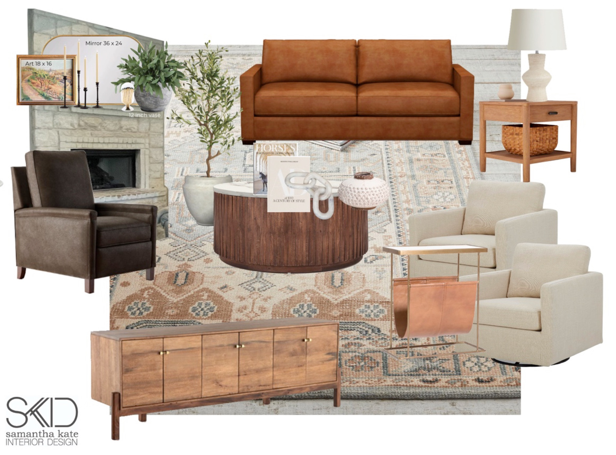 Warm family room with vintage elements and family friendly textiles.  Leather sofa, swivel chairs, fireplace mantle decor and coffee table accessories  