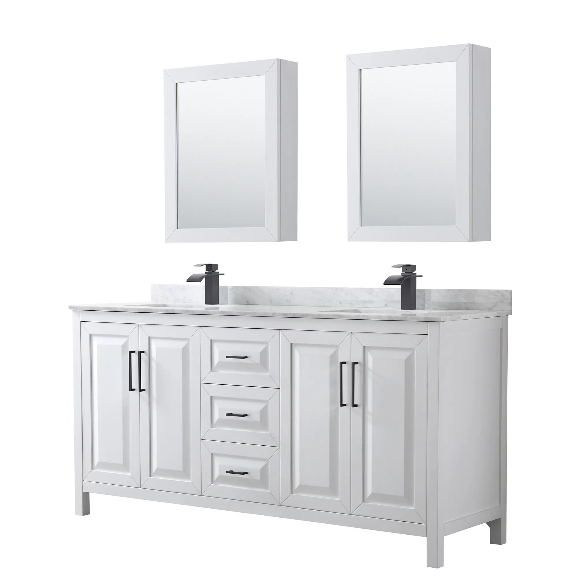 Wyndham Collection Daria 72-in White with Matte Black Trim Undermount Double Sink Bathroom Vanity with White Carrara Marble Natural Marble Top | Lowe's