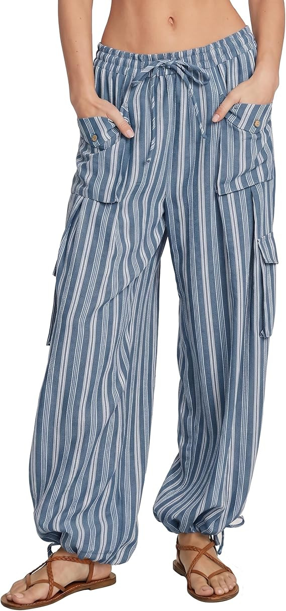 Women's Casual Wide Leg Palazzo Pants High Waisted Striped Flowy Loose Summer Lounge Cargo Trouse... | Amazon (US)