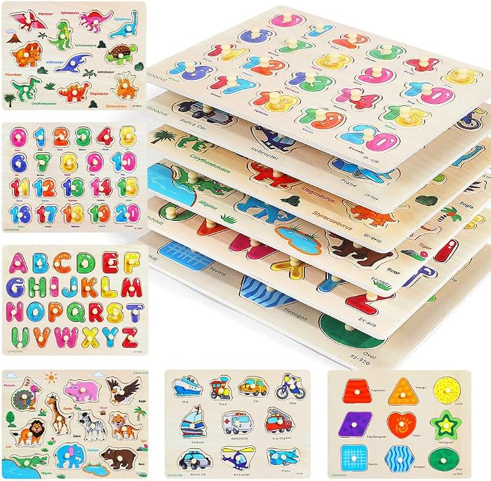 GRINNNIE Wooden Peg Puzzle for Toddlers, 6 Pack Toddler Puzzles Set for 3 4 5 Years Old (Alphabet... | Amazon (US)