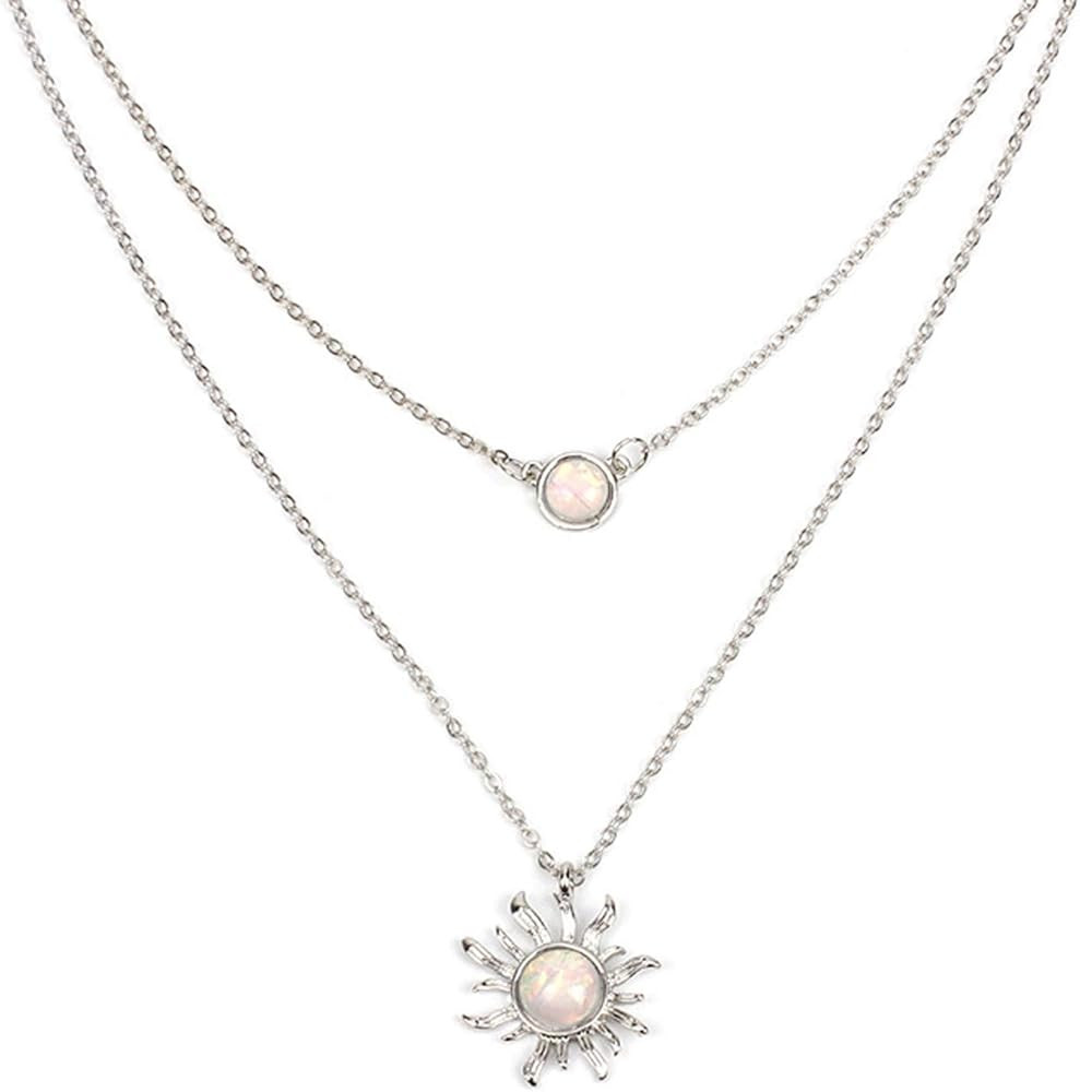 COLORFUL BLING Double Chains Moon and Sun Layered Choker Necklace Sunflower Opal Pendant Necklace... | Amazon (US)
