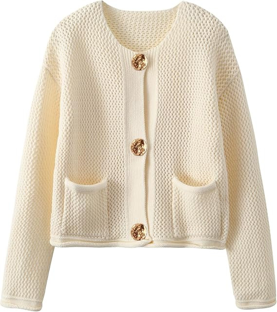 Women's Cropped Cardigan Sweaters Chunky Knit Gold Button Down Long Sleeve Open Front Cardigan wi... | Amazon (US)
