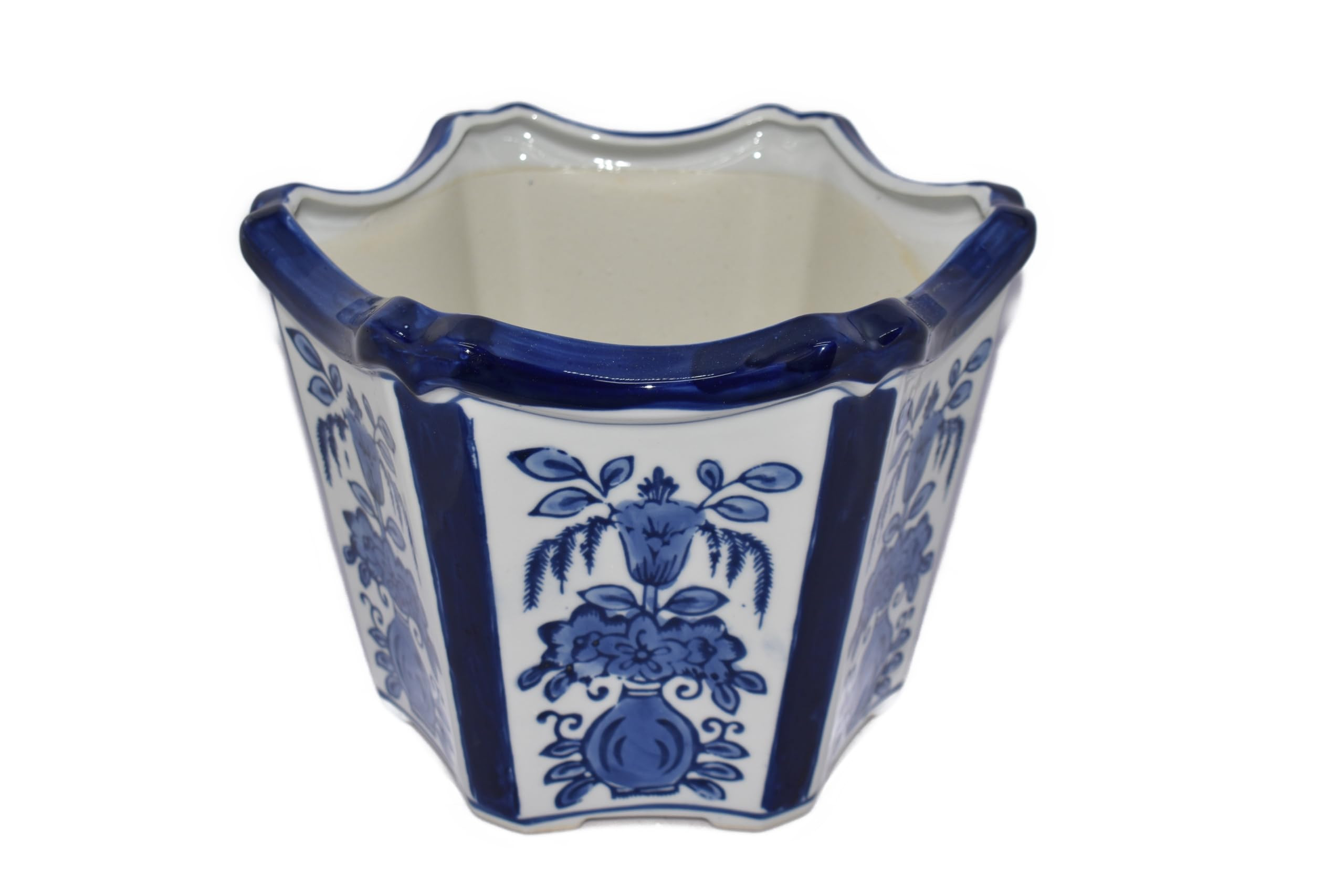 New 10" Oriental Blue and White Ornate Centerpiece Floral Design Hexagon Shaped Planter Plant Pot | Amazon (US)