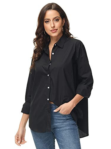 MCEDAR Women's Oversized Button Down Shirts Casual Plus Size Boyfriend Shirt Long Sleeve Striped Blouse Black10002-M | Amazon (US)