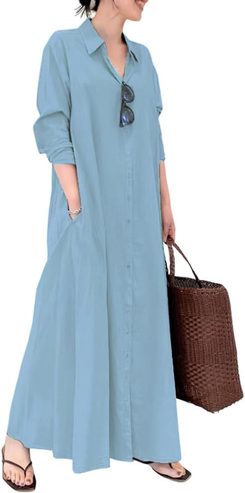 TIAFORD Women's Casual Button Down Cotton Linen Maxi Dress Long Sleeve Lapel Loose Plus Size Shir... | Amazon (US)