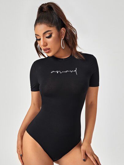 SHEIN X Armand Letter Graphic Form Fitted Bodysuit | SHEIN