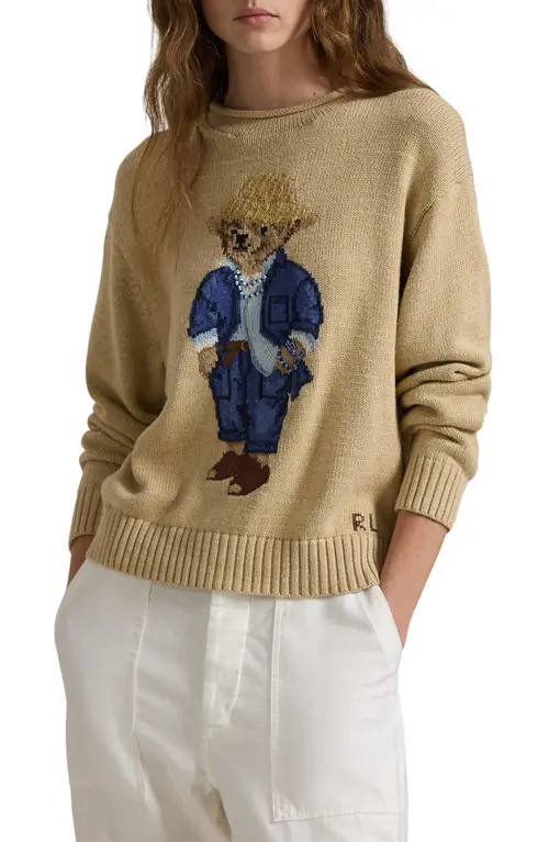 Polo Ralph Lauren Intarsia Bear Embellished Cotton Crewneck Sweater in Tan Multi at Nordstrom, Size Xx-Small | Nordstrom
