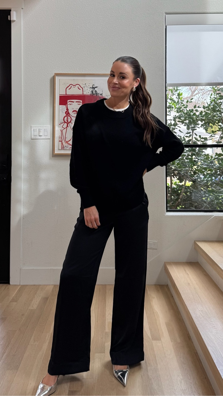 You guys know I love satin pants, and I just found a very affordable pair at Target! These $35 black satin pants are so comfortable and flattering, have a stretchy waistband, and pockets. They have a great loose, wide leg fit. Looks just like my lodge pants from Aritzia!

I love how these look with a basic, black crewneck sweater!

#LTKgrwm #LTKdayinmylife #LTKootd