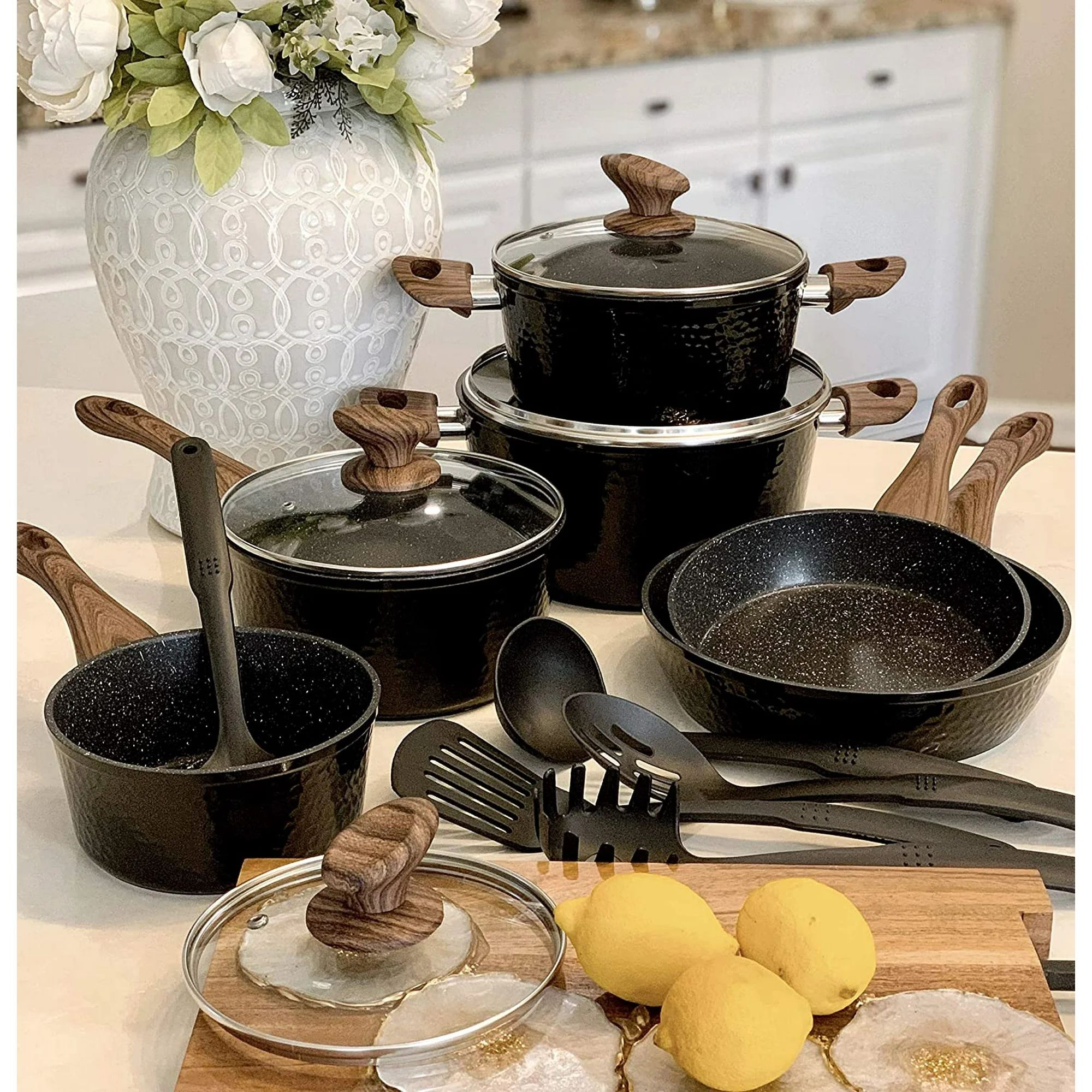 MF Studio 15 piece Induction Kitchen Cookware Sets Nonstick - Granite Hammered Pan Set, Dishwashe... | Walmart (US)