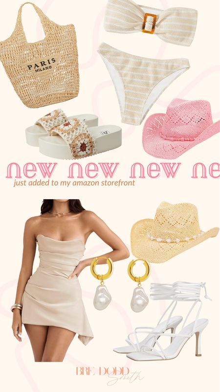 New to my Amazon storefront! Pink straw cowgirl hat, pearl hoop earrings, crochet platform slides, strapless bikini swimsuit, Prada dupe straw bag, white strappy heels, shower dress 