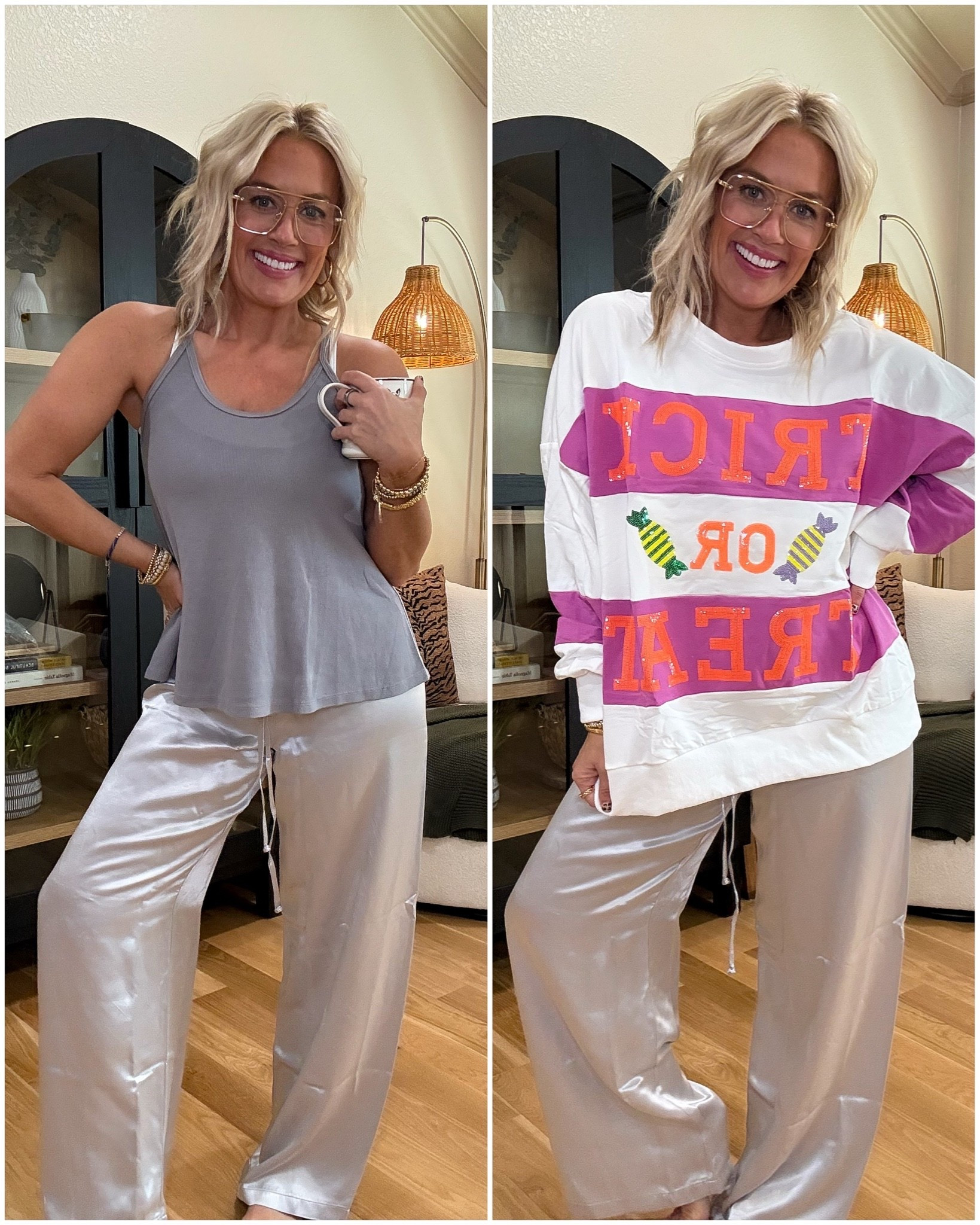 These pajamas and this pullover sweatshirt are perfection for fall and October 
Size small in jammies, large in pullover