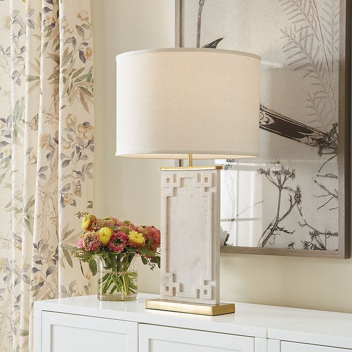 Alena Carved Greek Key Marble Column Table Lamp White Base with Shade | Ballard Designs, Inc.