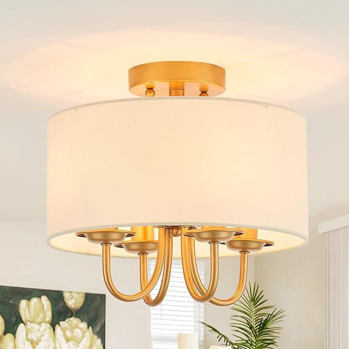Gold Semi-Flush Mount Ceiling Light Fixture with White Fabric Drum Shade Modern Farmhouse Linen 4... | Amazon (US)