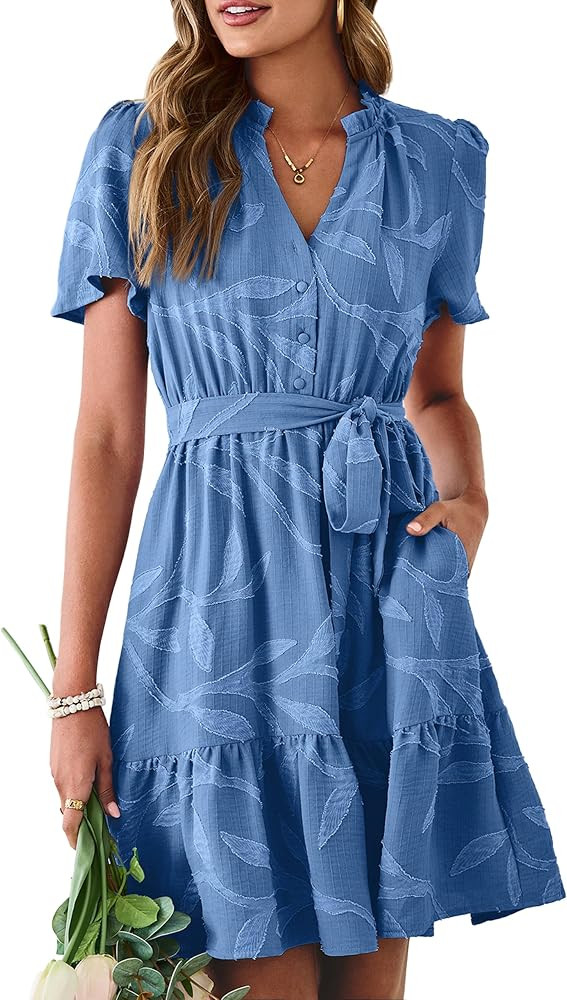 Simplee Womens Summer Dresses 2026 Casual Short Sleeve Empire Waist A Line Mini Dress V Neck Boho... | Amazon (US)