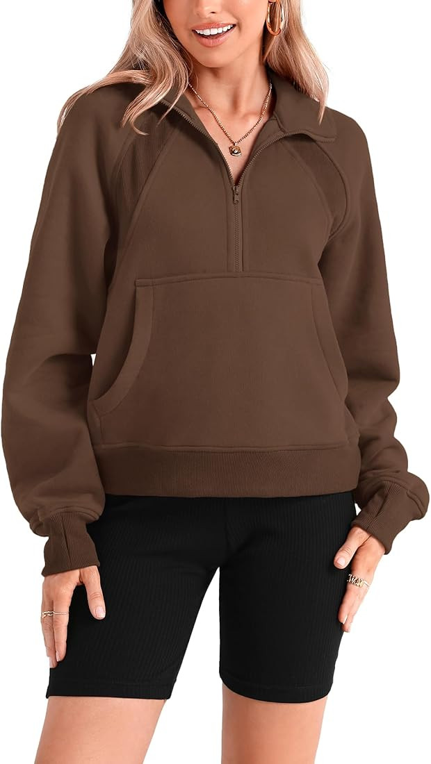 Women Half Zip Pullover Sweatshirts Fall Winter Long Sleeve Fleece Lined Cropped Tops Sweater Poc... | Amazon (US)