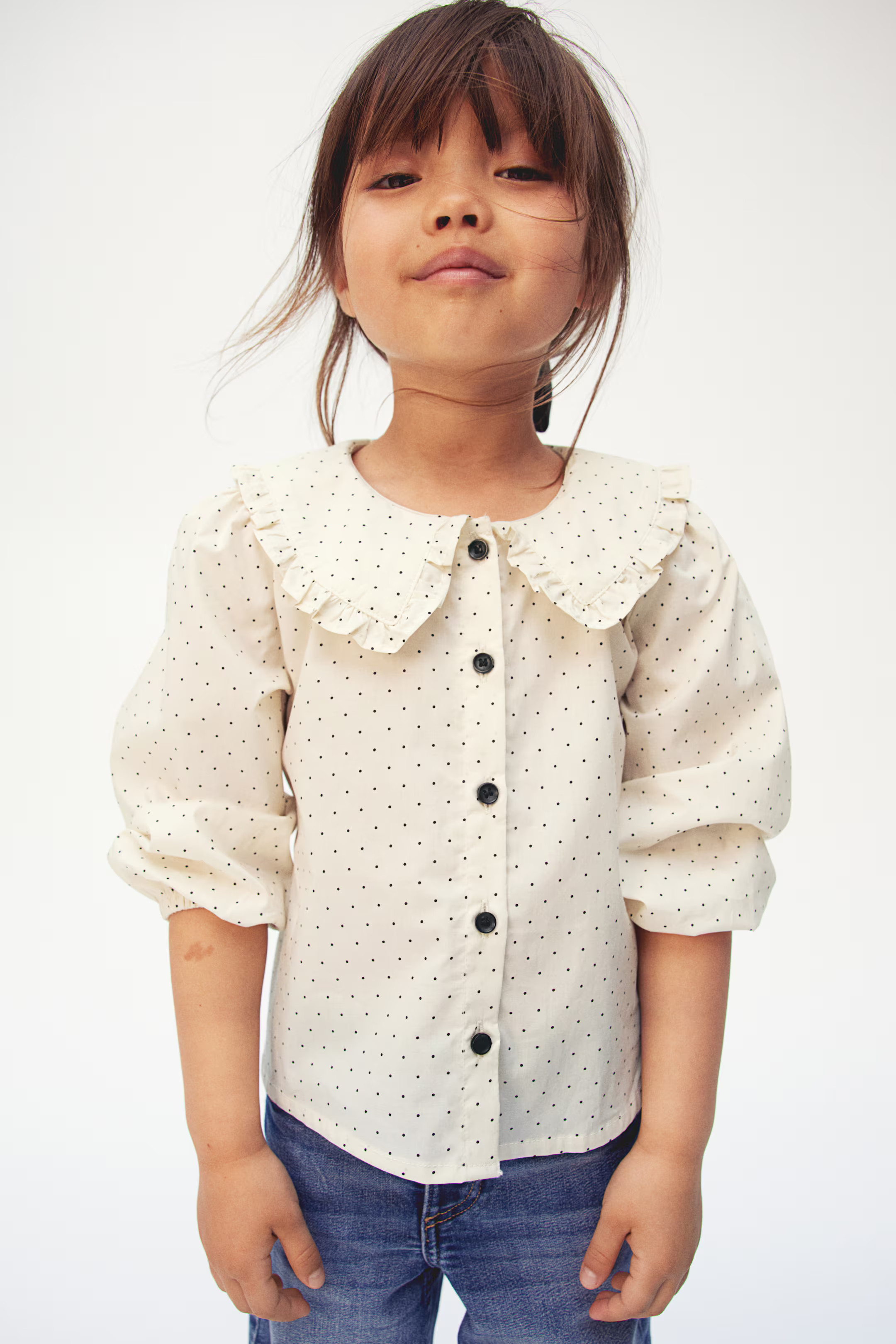 Cotton Blouse with Collar - Round Neck - Long sleeve - Cream/dotted - Kids | H&M US | H&M (US + CA)