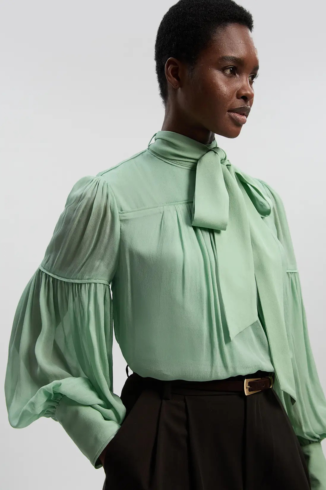 Mint Viscose Georgette Balloon Sleeve Woven Blouse | Karen Millen USA | Karen Millen US