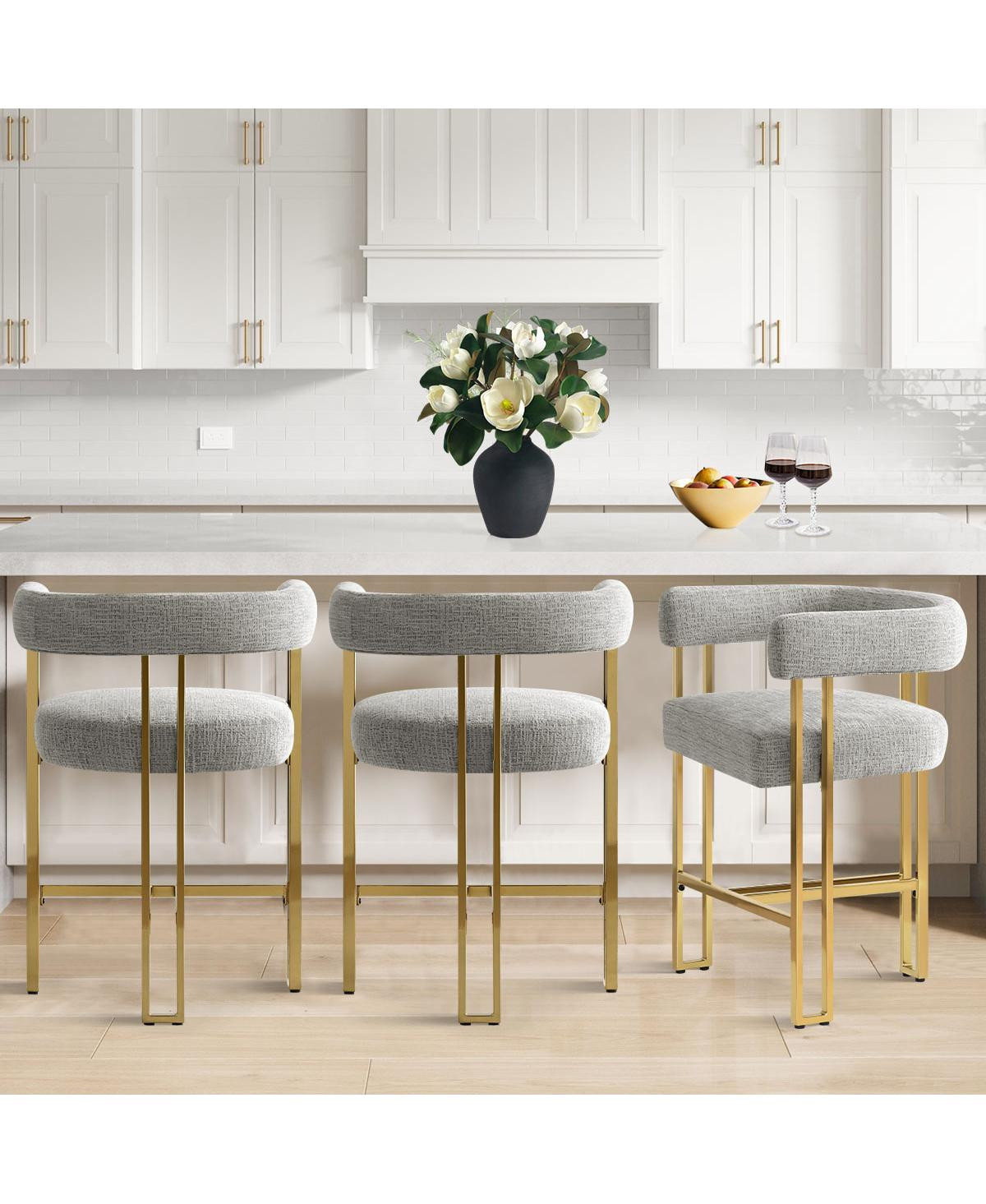 Set of 3 Counter Height Stools, Chenille Upholstered Chairs with Gold Metal Legs-Maison Boucle - Grey+chenille | Macy's