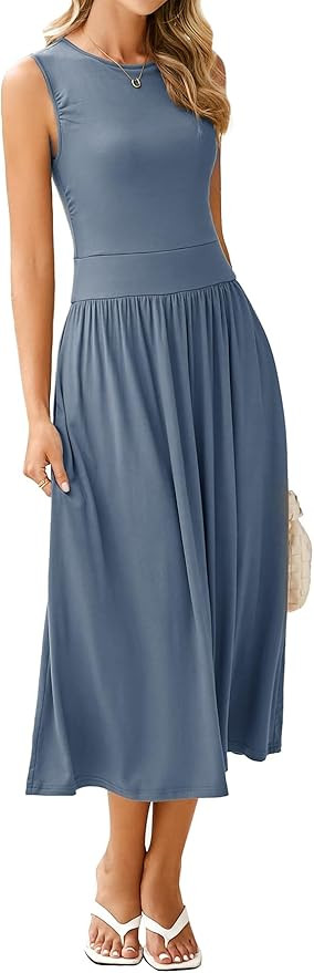 BerryGo Women's Summer Sleeveless 2025 Midi Dress Crew Neck Casual Swing Ruched Flowy Smocked Wai... | Amazon (US)