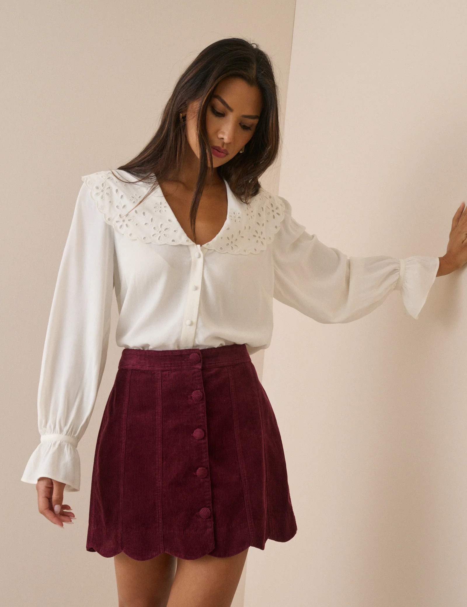 Burgundy Cord Scallop Trim Mini Skirt | Nobody's Child