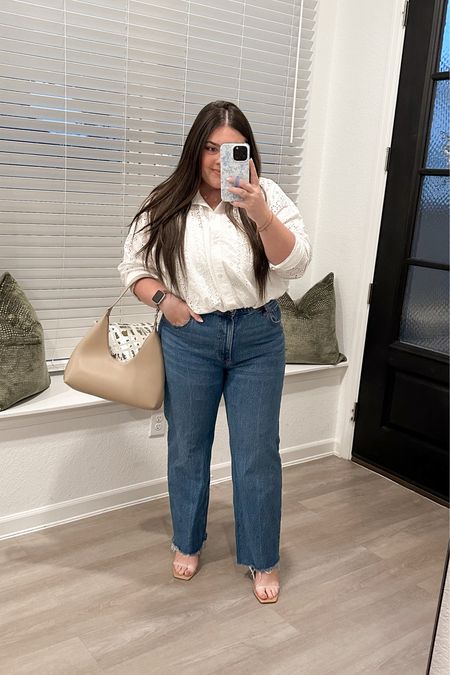 Dinner outfit. Embroidered top. Oversized button down. Abercrombie button down. Abercrombie denim. Heels. Clear heels. Amazon fashion. Amazon purse 

#LTKSpringSale #LTKstyletip #LTKSeasonal