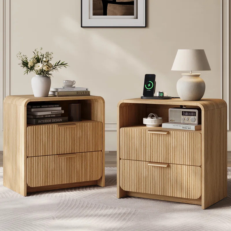 25''H 2-Drawer Nightstand With Charging Station, Modern Fluted Bedside Cabinet For Bedroom, Curve... | Wayfair North America