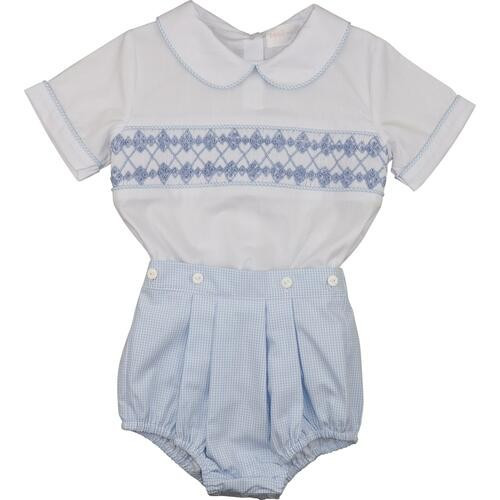 Blue Gingham Smocked Button-On Bubble | Cecil and Lou