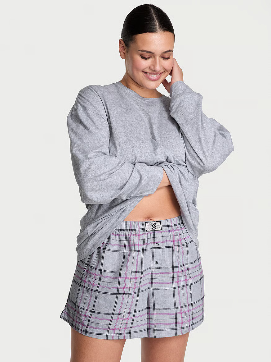 Buy Flannel Long-Sleeve Short Tee-Jama Set, Heather Medium Grey Simple Plaid - Order Pajamas Sets... | Victoria's Secret (US / CA )