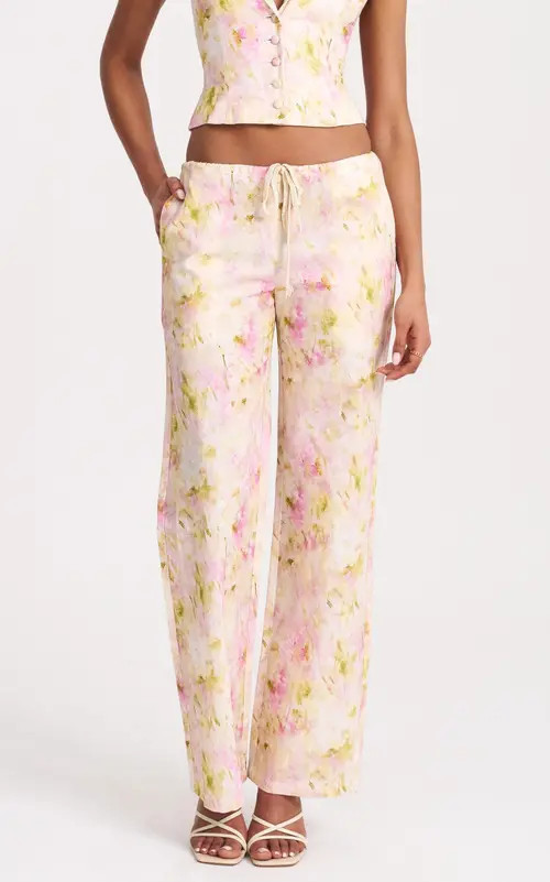 Miss Circle Laureen Floral Linen Straight Pants in Pink Floral at Nordstrom, Size X-Large | Nordstrom