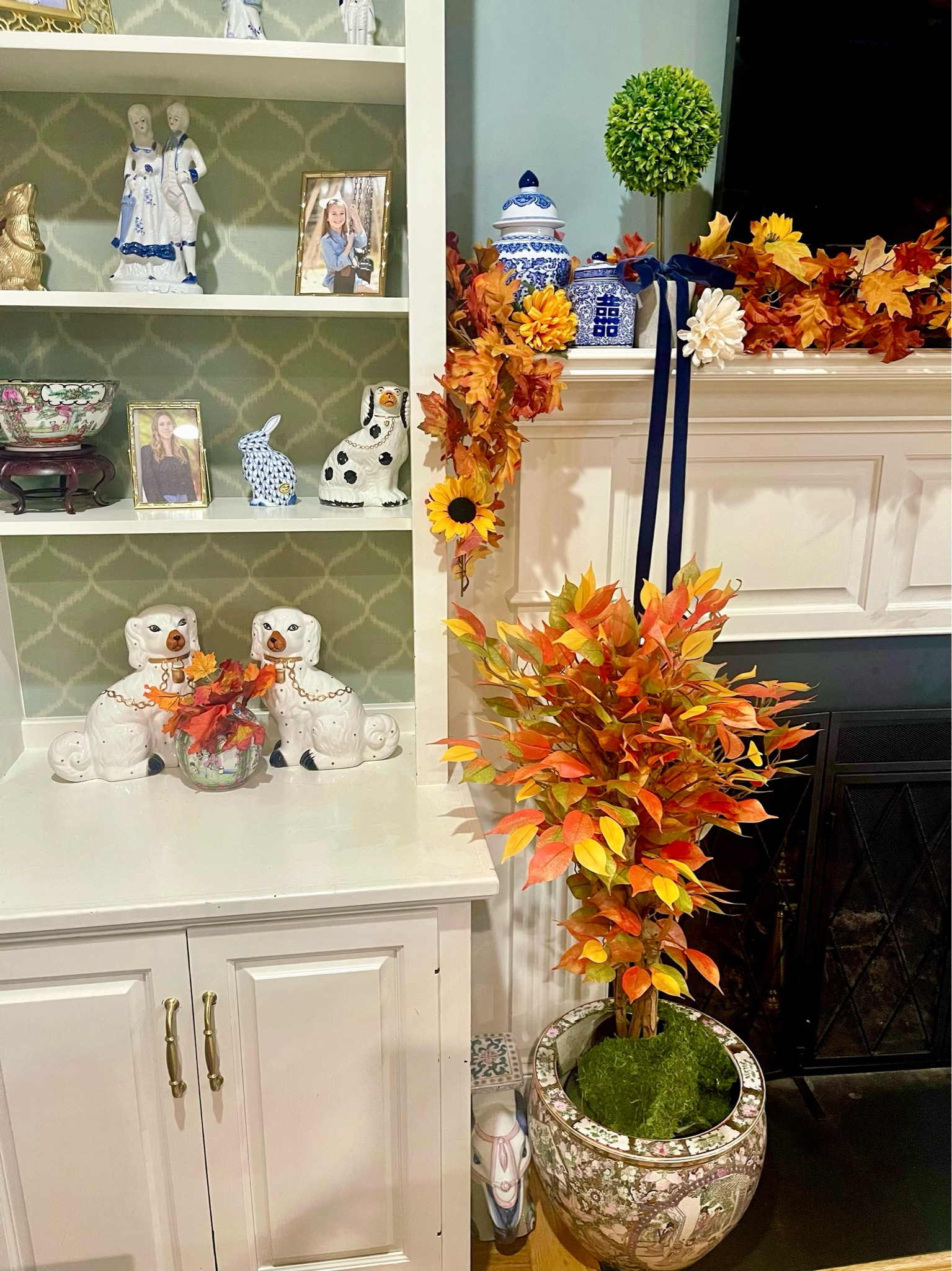 Fall decor, mantle decor, grandmillennial decor, blue & white decor, ginger jar, topiary, garland 

#LTKFindsUnder50 #LTKHome #LTKFindsUnder100