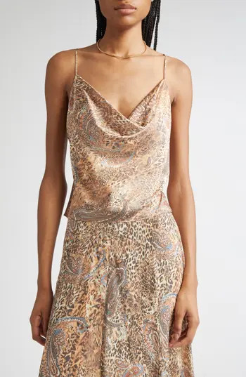 L'AGENCE Calista Cowl Neck Cami in Brown/Blue Valencia Leopard at Nordstrom Rack, Size Large | Nordstrom Rack
