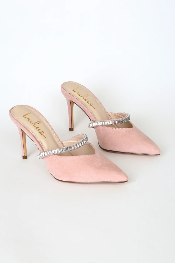 Frankee Blush Suede Pointed-Toe Rhinestone Mules | Lulus