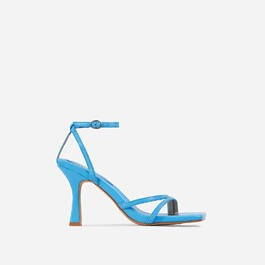 Gloss Toe Strap Detail Square Toe Heel In Blue Faux Leather | EGO Shoes (US & Canada)
