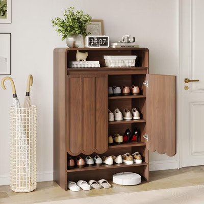 Shoe Storage Cabinet with Wave Panel Doors, 45"H 5-Tier Shoe Cabinet with Adjustable Shelves, Brown | Target