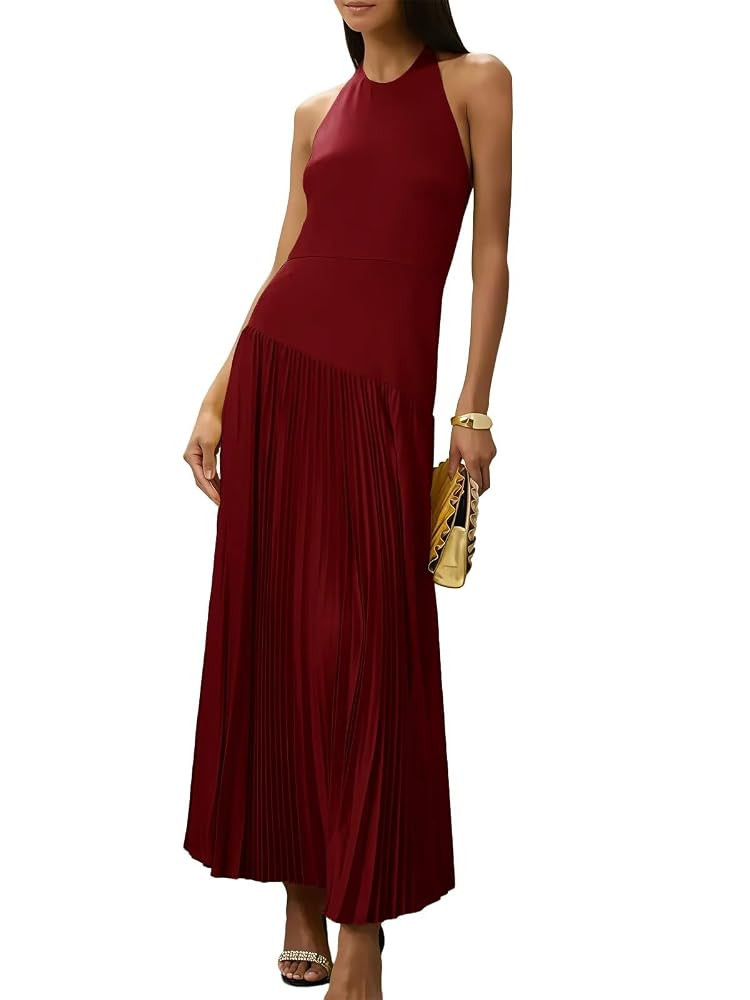 Pleated Satin Wedding Guest Dress 2025 Halter Maxi Bridesmaid Dress for Women Formal Evening Rece... | Amazon (US)
