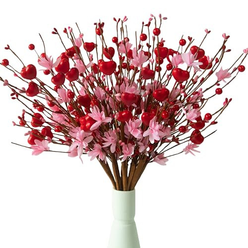 MAINGKAUNG Valentine's Day Decoration, 12 Pcs Valentines Picks Artificial Red Berry Stems, 17 Inch Valentines Day Picks Pink Heart Shaped Berry Stems Ideal Valentine's Day Gift for Wife, Girlfriend | Amazon (US)
