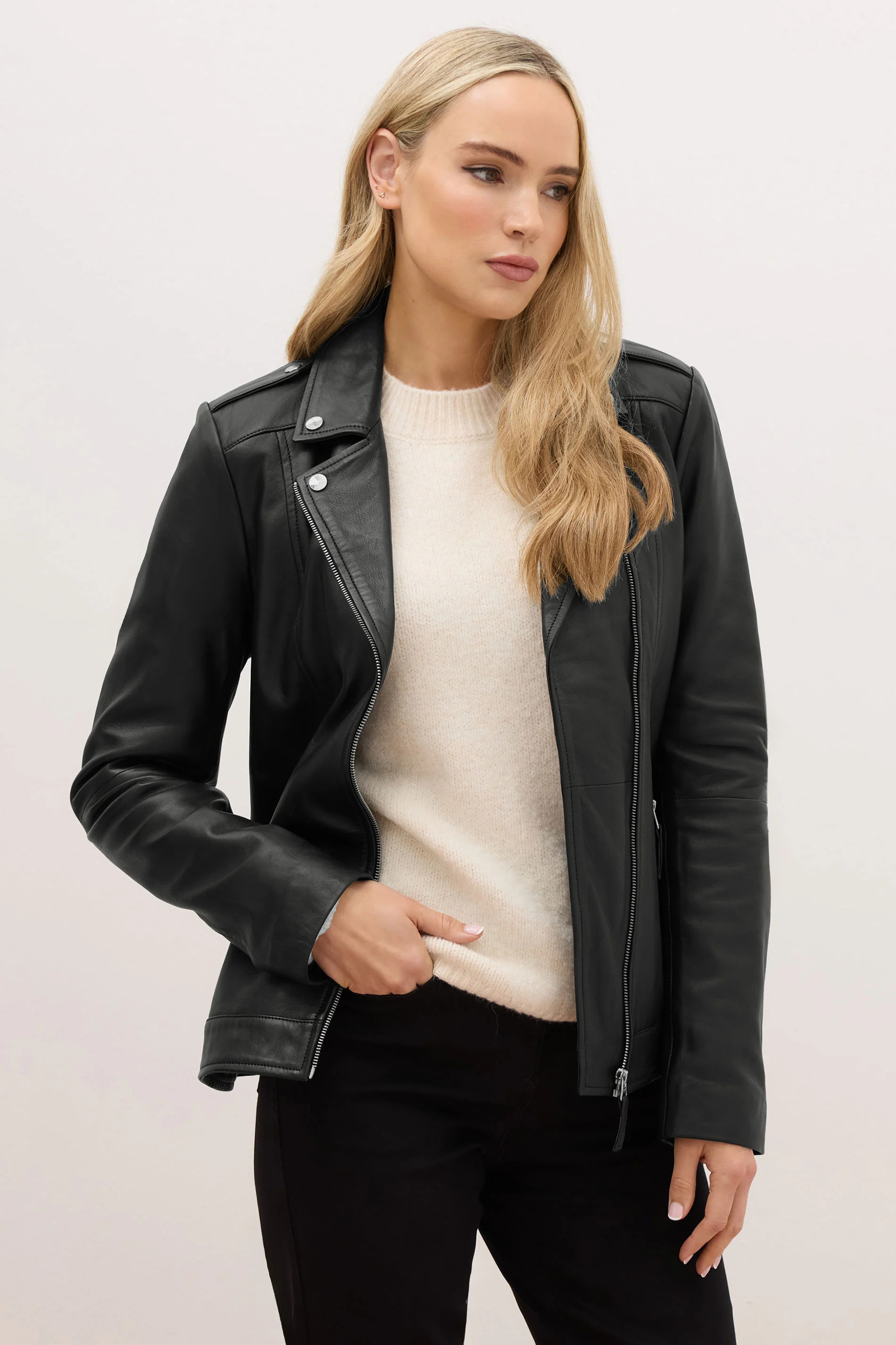LTS PREMIUM Tall Black Leather Biker Jacket | Long Tall Sally
