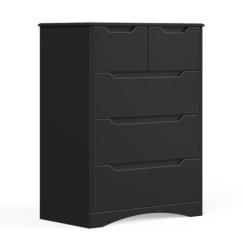 Gizoon 5 Drawers Chest, Black Dresser for Bedroom with Large Storage Capacity, Chest of Drawers with Embedded Handle, Sturdy Anti-Tripping Device for Hallway, Office, Living Room | Amazon (US)