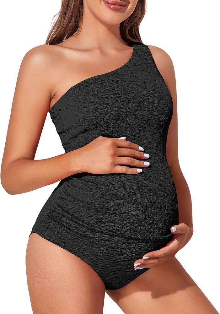 Summer Mae Maternity Swimsuit One Piece One Shoulder Ribbed Pregnancy Bathing Suit | Amazon (US)