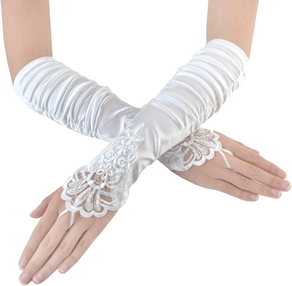 JISEN Women 20s Satin gloves Formal Bridal Banquet Party Wedding Opera Colorful Mitten | Amazon (US)