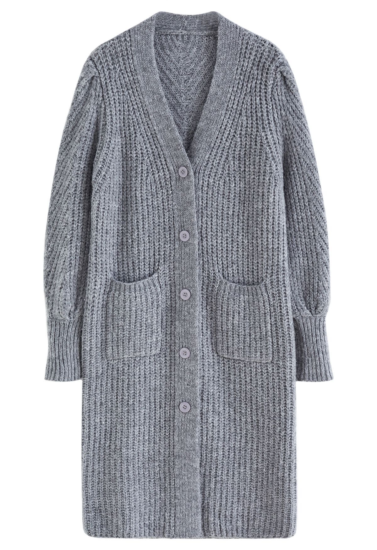 Puff Sleeve Longline Chunky Knit Cardigan in Grey | Chicwish