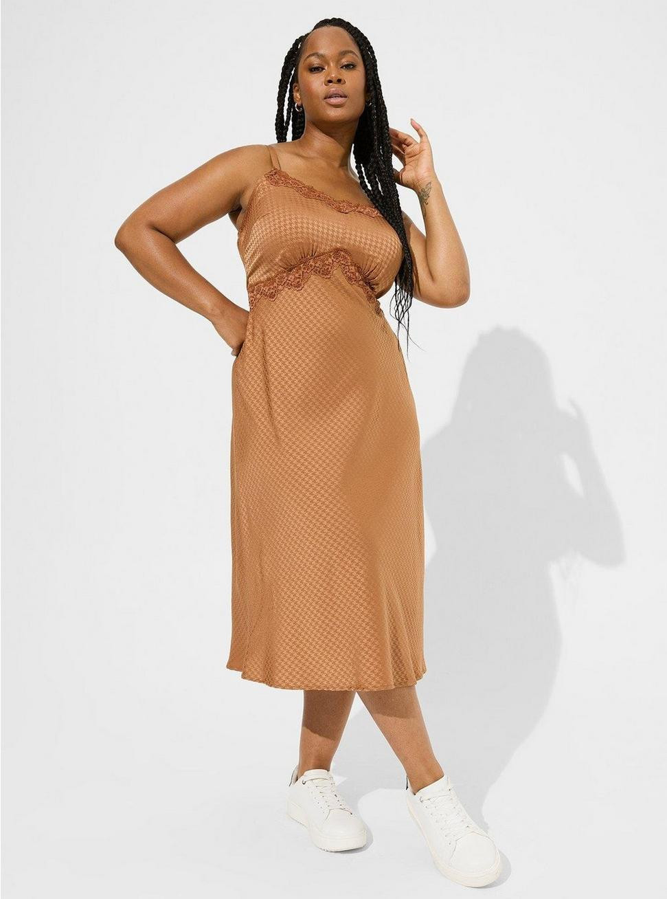 Tea Length Woven Jacquard Lace Trim Cami Dress | Torrid (US & Canada)