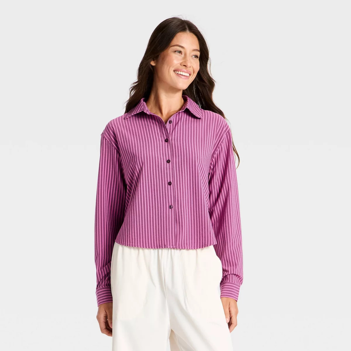 Women's Active Light Long Sleeve Button-Up Shirt - All In Motion™ Dark Purple Striped M | Target