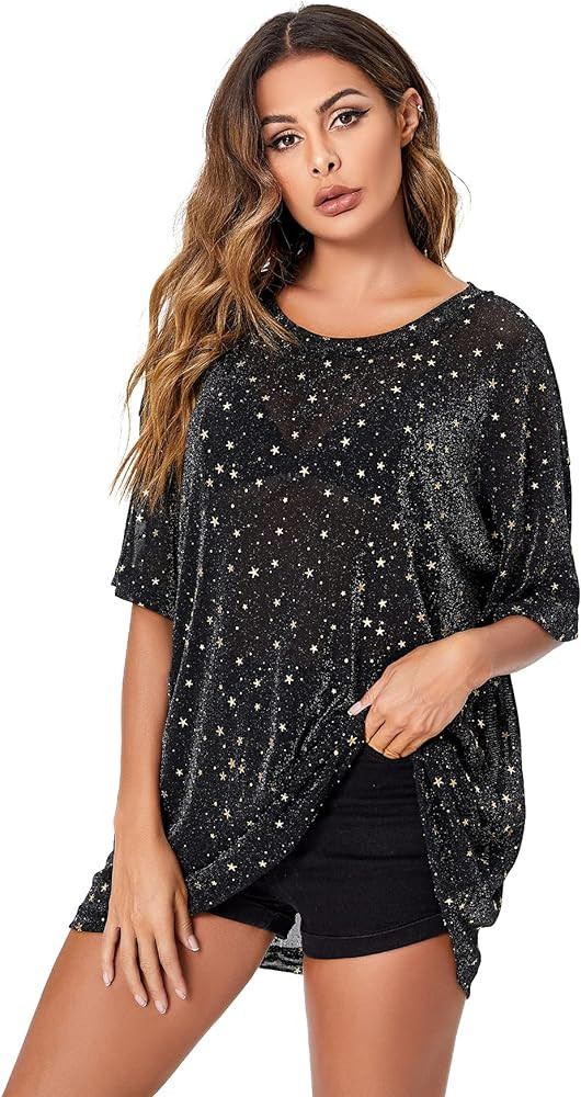 WDIRARA Women's Glitter Sheer See Through Short Sleeve Mesh Top Tee Blouse | Amazon (US)